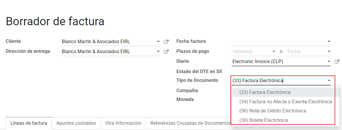 Document type selection on invoices.