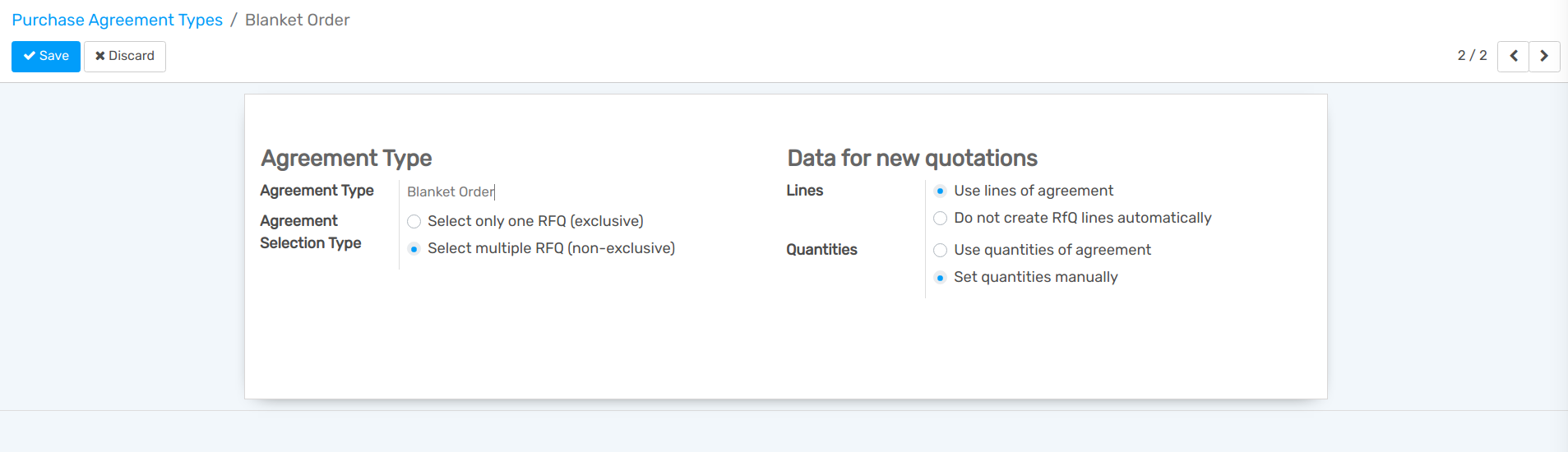 Configure purchase agreements types in Flectra Purchase