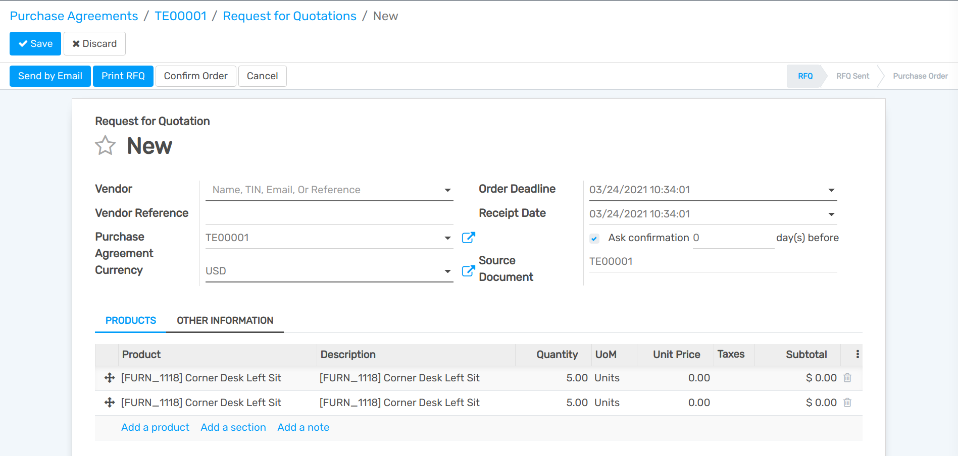 Request a quotation from a call for tenders in Flectra Purchase