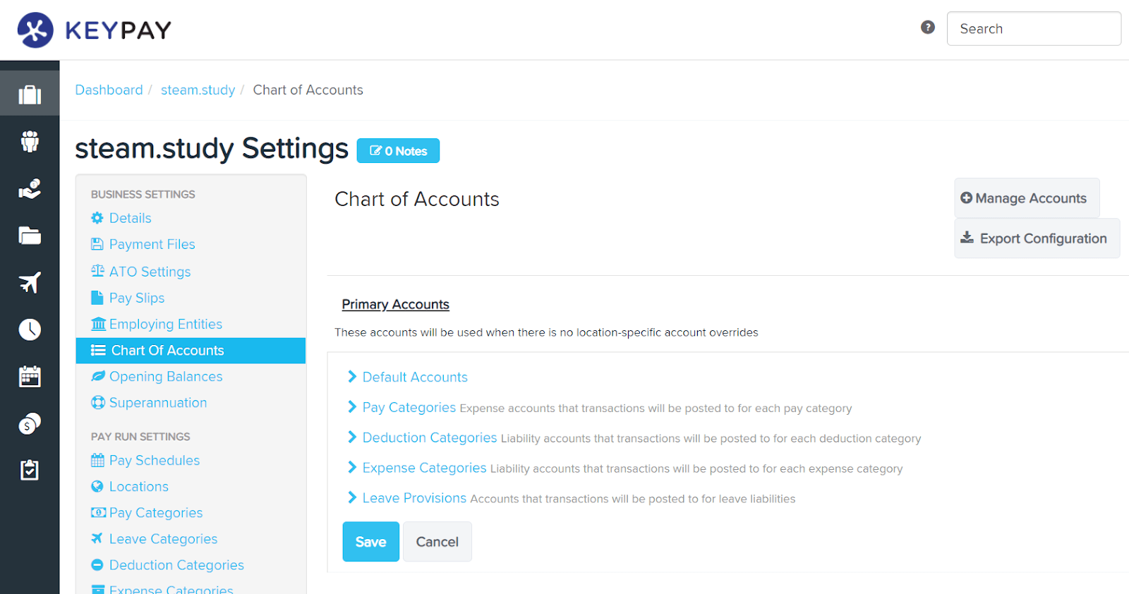 Chart of Accounts menu in KeyPay