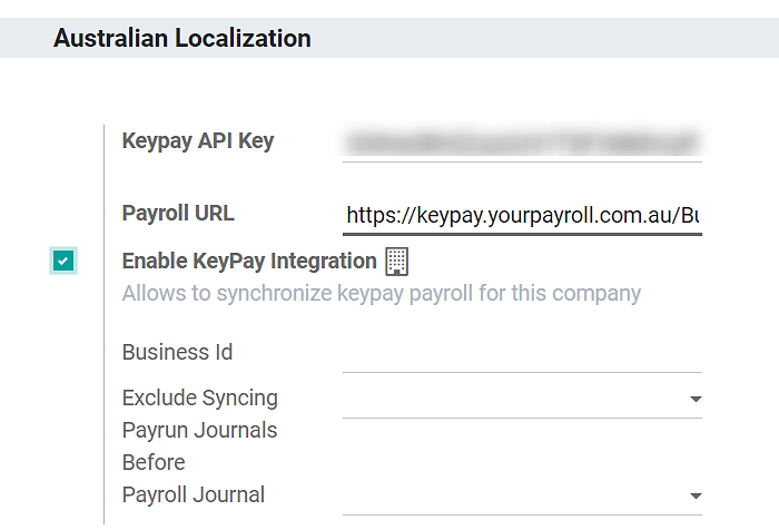 Enabling KeyPay Integration in Flectra Accounting displays new fields in the settings