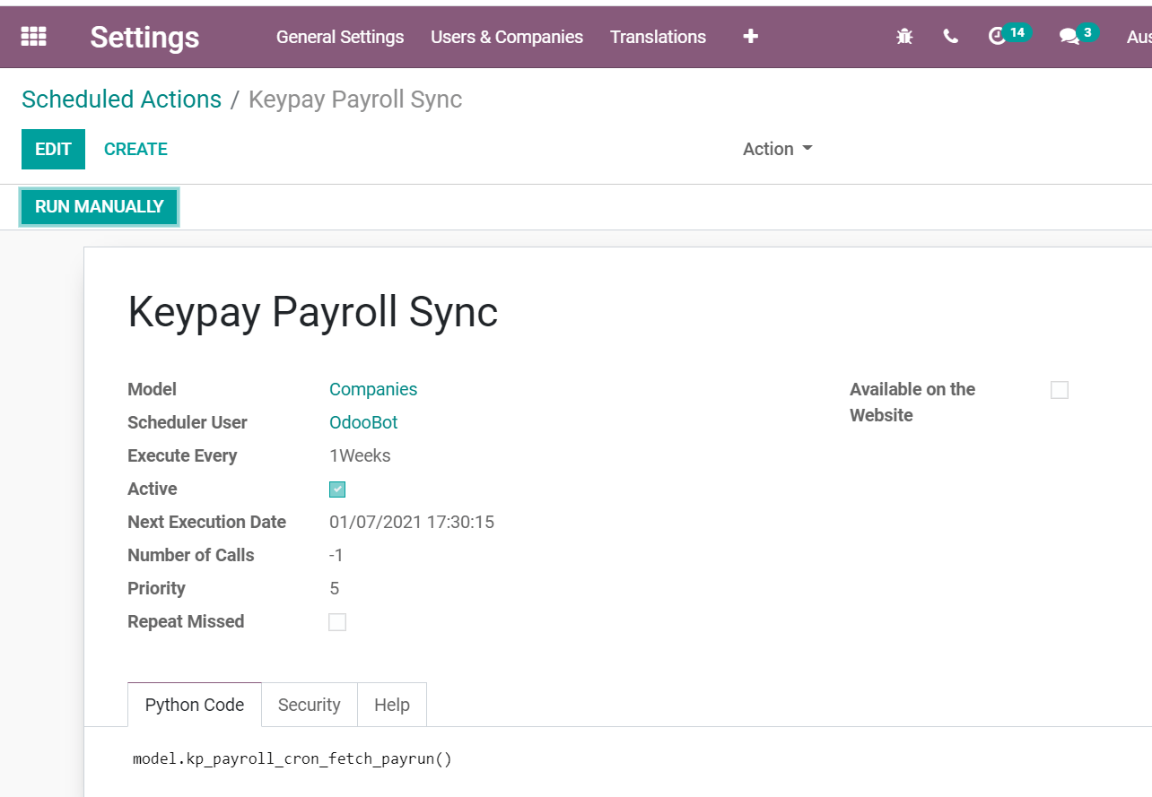 Scheduled Actions settings for KeyPay Payroll in Flectra (debug mode)