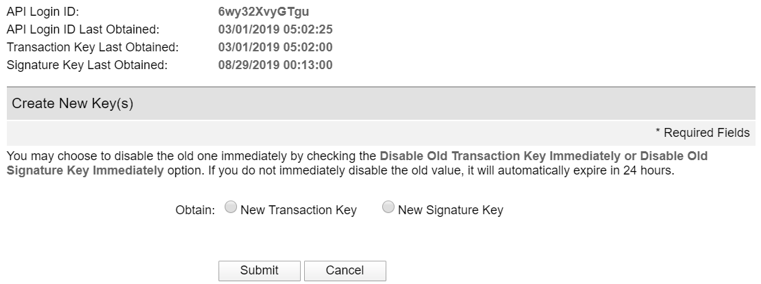 Generate your Transaction Key and Signature Key on your Authorize.Net account