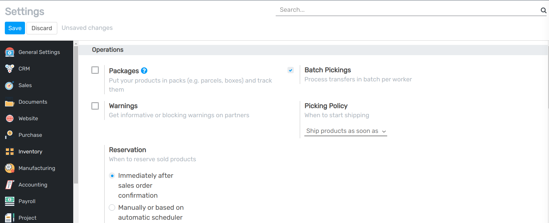 View of the inventory settings. Process to enable the batch pickings option in the Flectra Inventory app