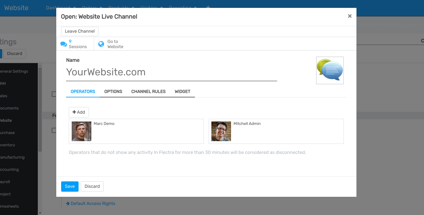 View of a live chat channel form for Flectra Live Chat
