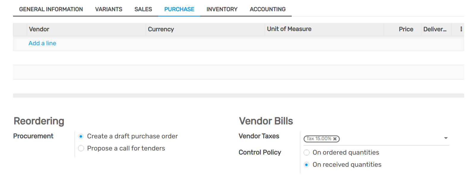 Vendor bills default control setting for new products in Flectra Purchase