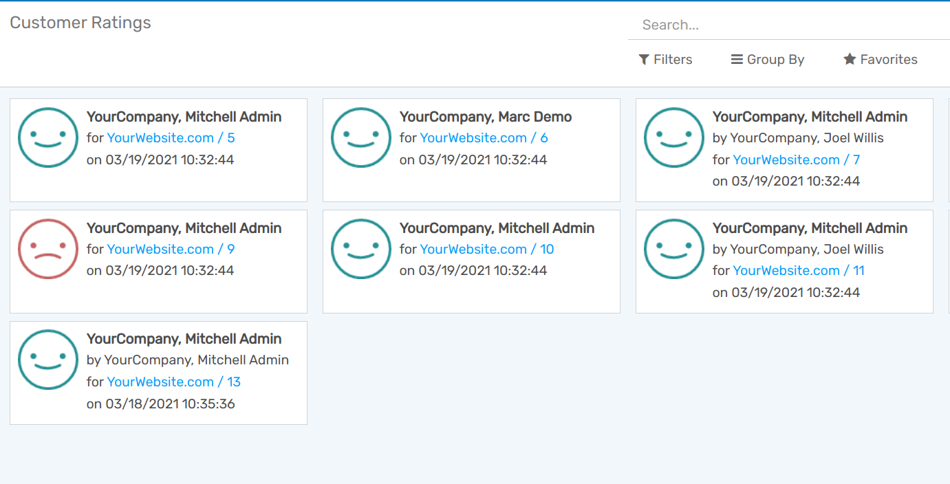 View of the customer ratings page in Flectra Live Chat