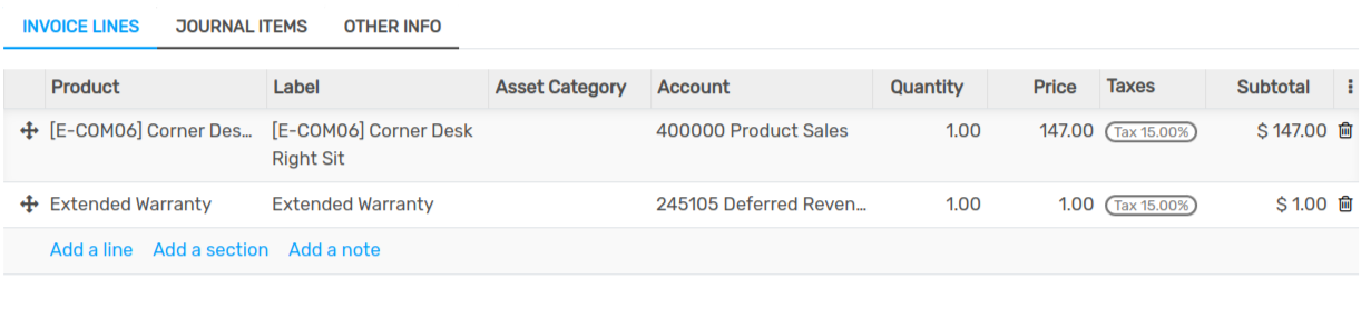Selection of a Deferred Revenue Account on a draft invoice in Flectra Accounting