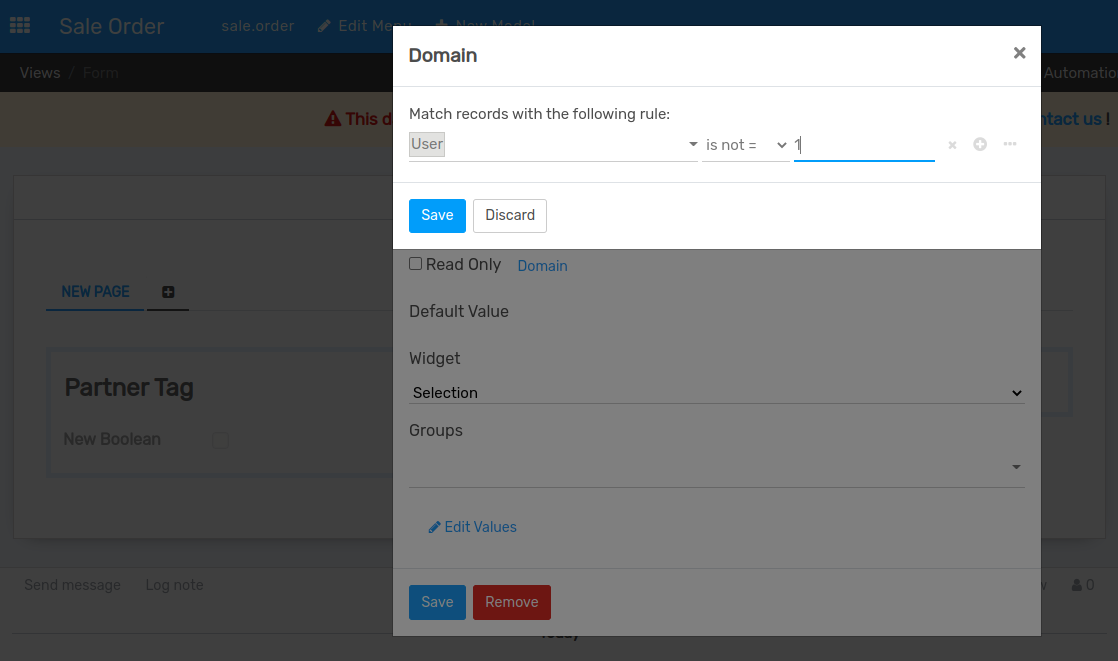 Form view of a required domain being set in Flectra Studio