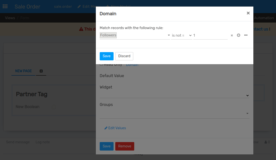 Form view emphasizing a field added and its invisibility properties in Flectra Studio