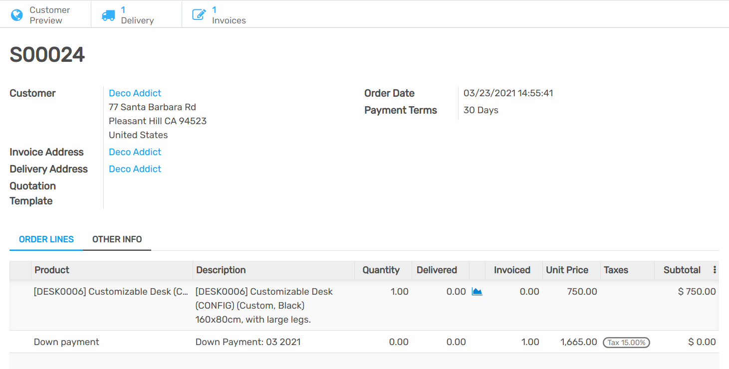 What is a basic sales flow using down payments on Flectra Sales (2)?