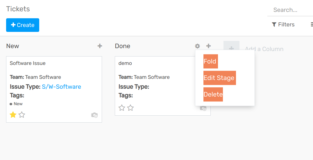 Overview of a helpdesk team kanban view emphasizing the menu edit stage in Flectra Helpdesk
