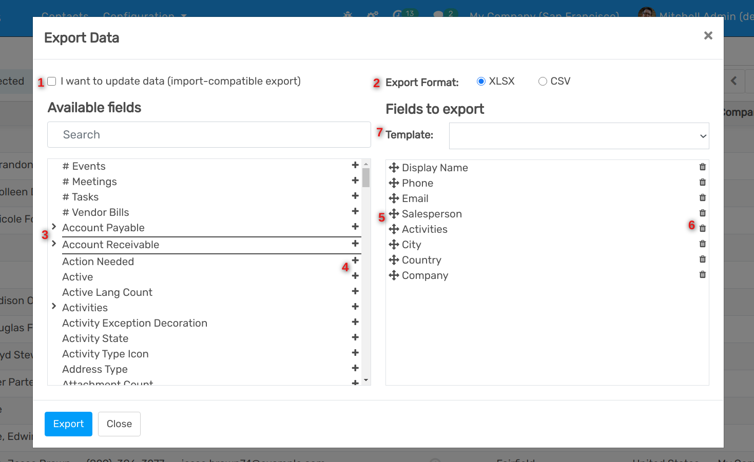 overview of all the options to take into account when exporting data in Flectra