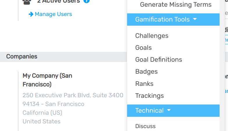 View if the gamification tools menu in Flectra Settings