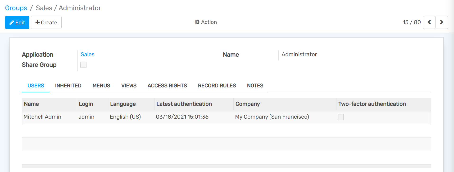 View of a group’s form emphasizing the tab users in Flectra