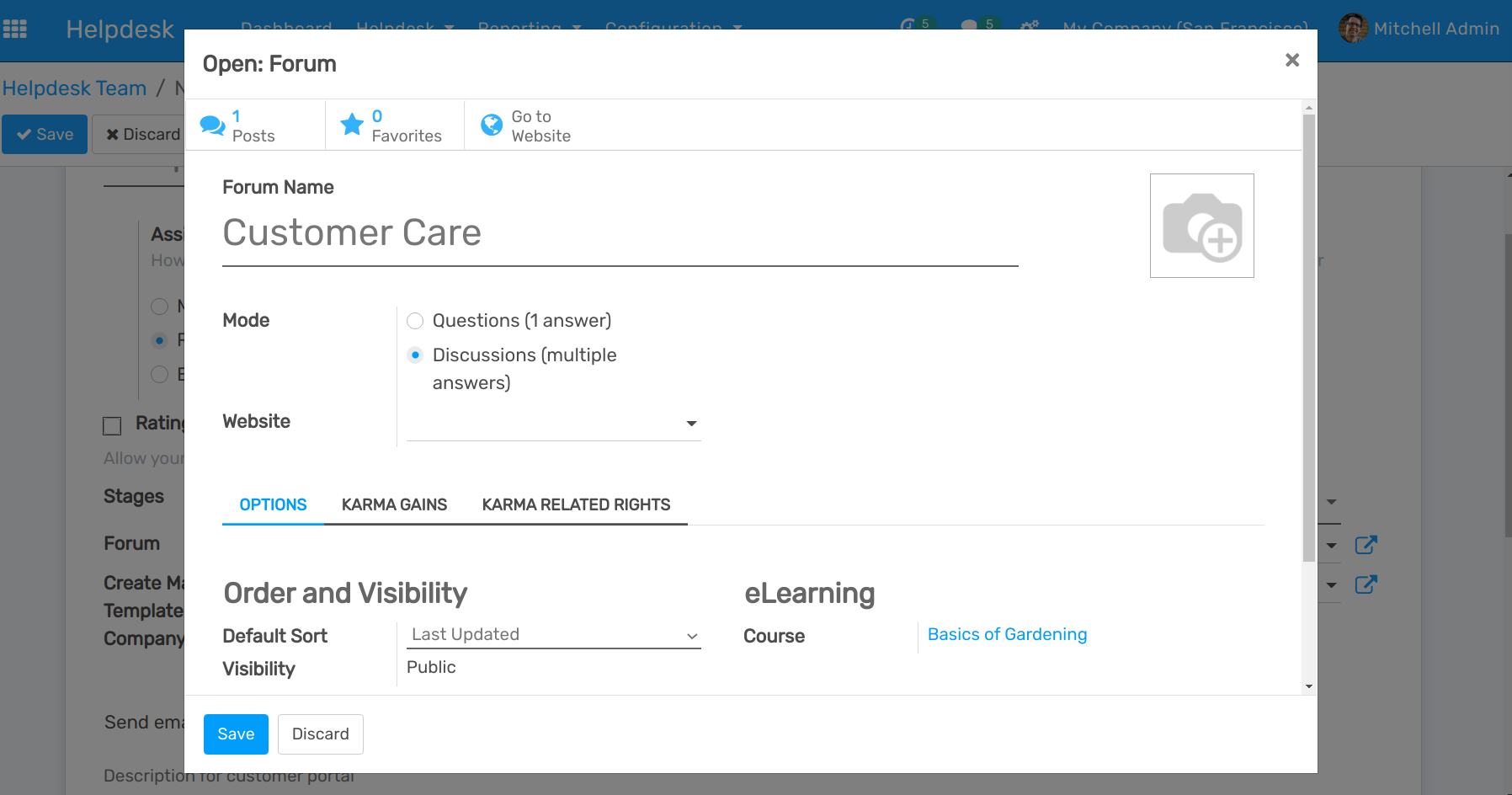 Overview of a forum’s settings page in Flectra Helpdesk