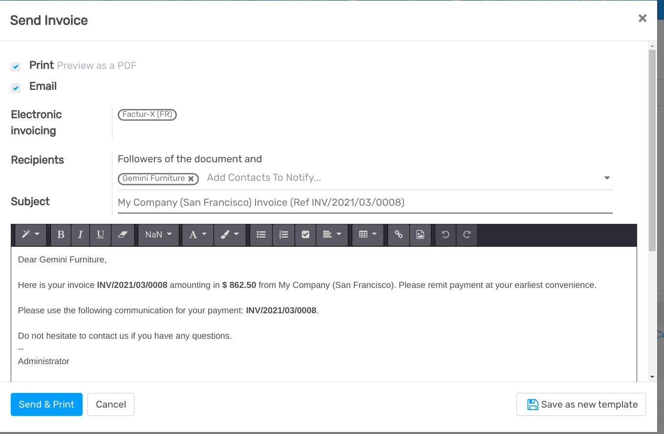 Overview of an invoice and the option send by post available in Flectra Accounting