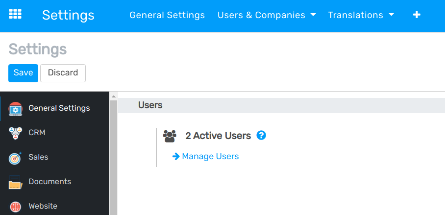 View of the settings page emphasizing the manage users field in Flectra