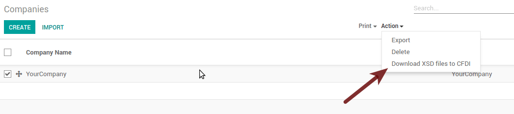 Download XSD files to CFDI from the Companies list view on Flectra