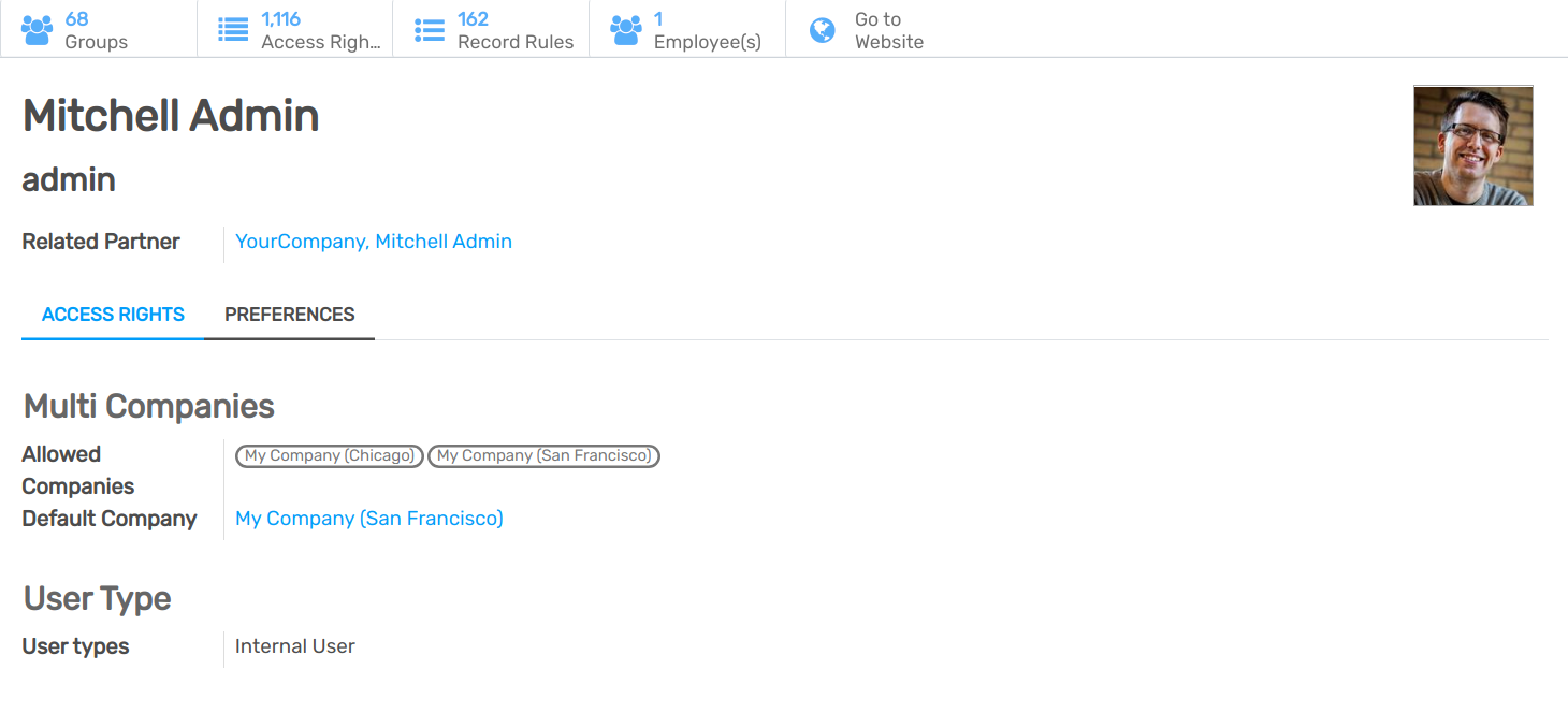 View of a user’s form emphasizing the access rights tab in Flectra