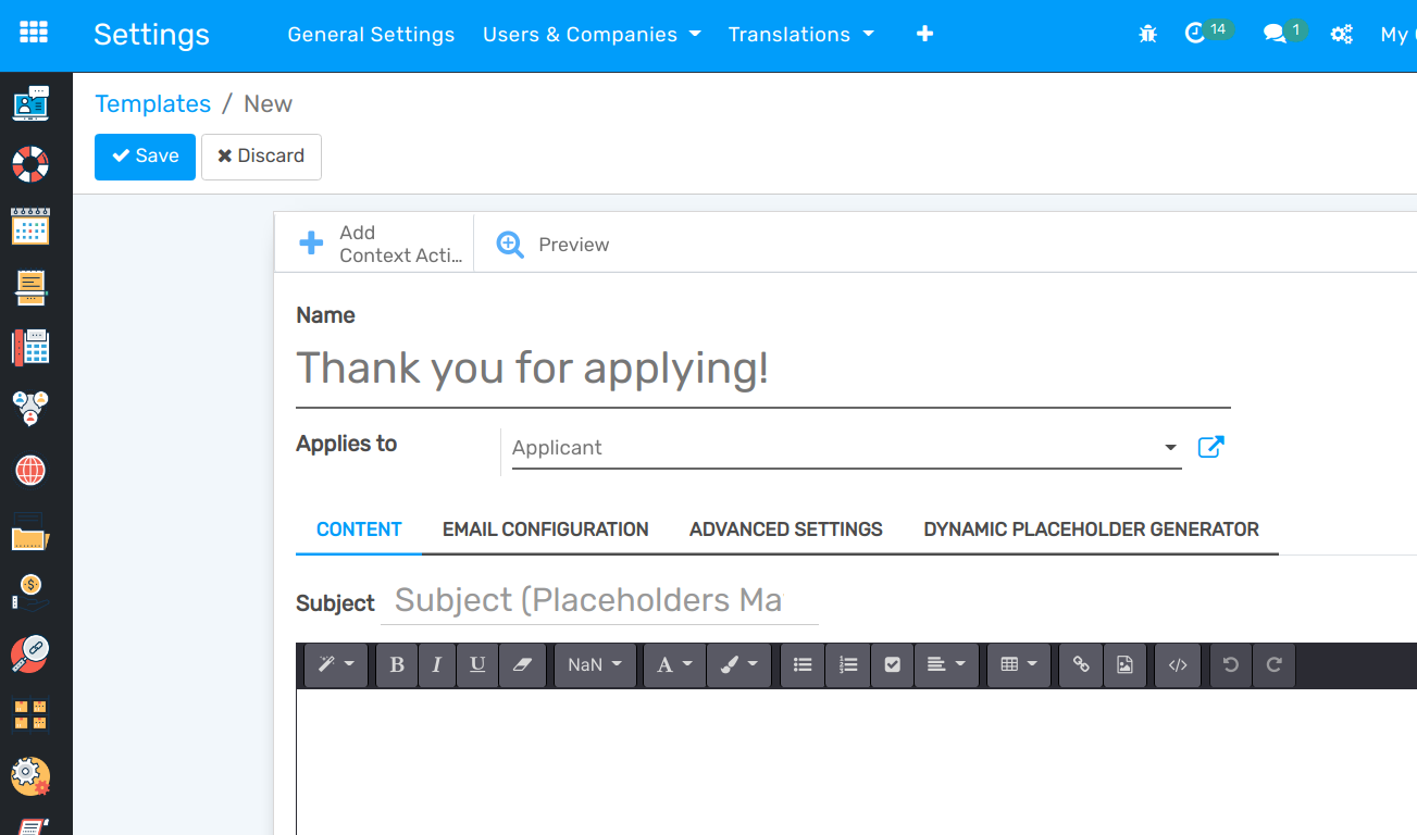 New email template form in Flectra