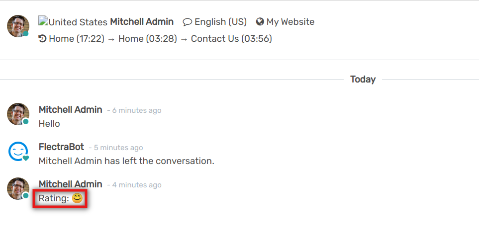 View of a chat window from an operator’s side highlighting a rating for Flectra Live Chat