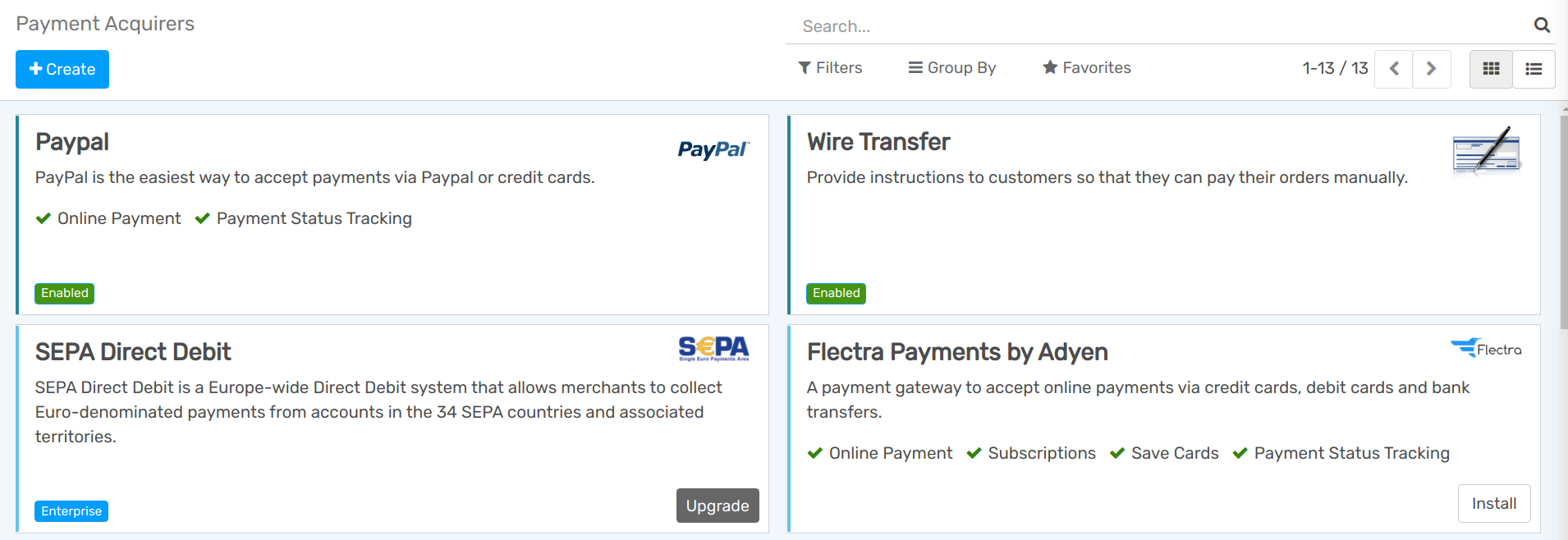 Click on install, then on activate to make the payment acquirer available on Flectra.