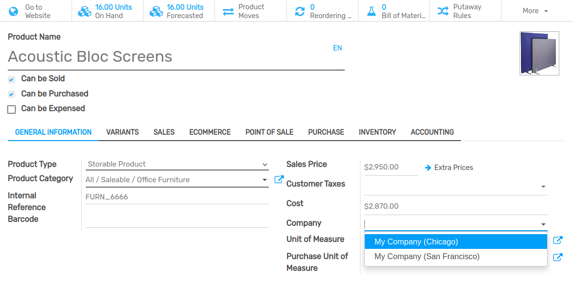 View of a product's form emphasizing the company field in Flectra Sales