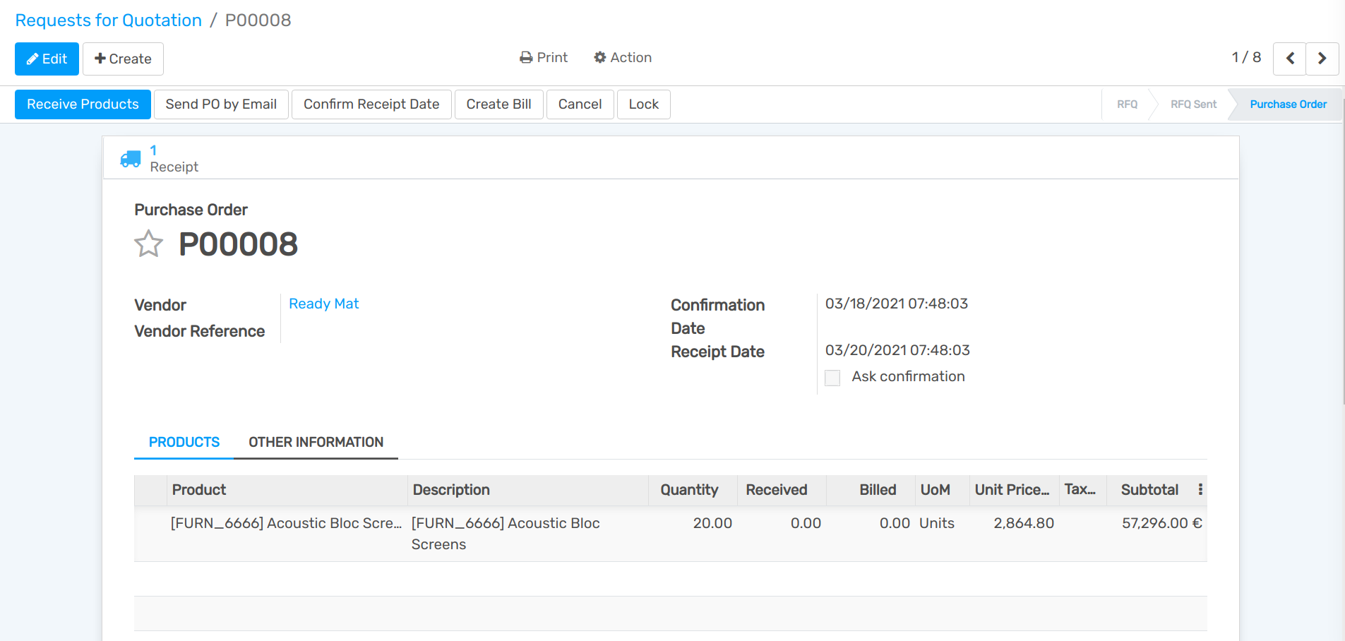 View of the purchase created on JS Store US from JS Store Belgium in Flectra
