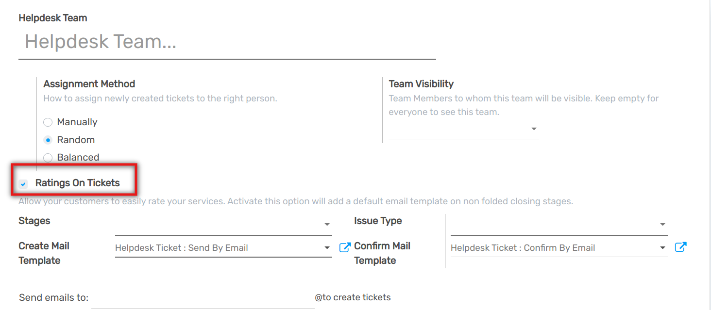 Overview of the settings page of a helpdesk team emphasizing the rating on ticket feature in Flectra Helpdesk