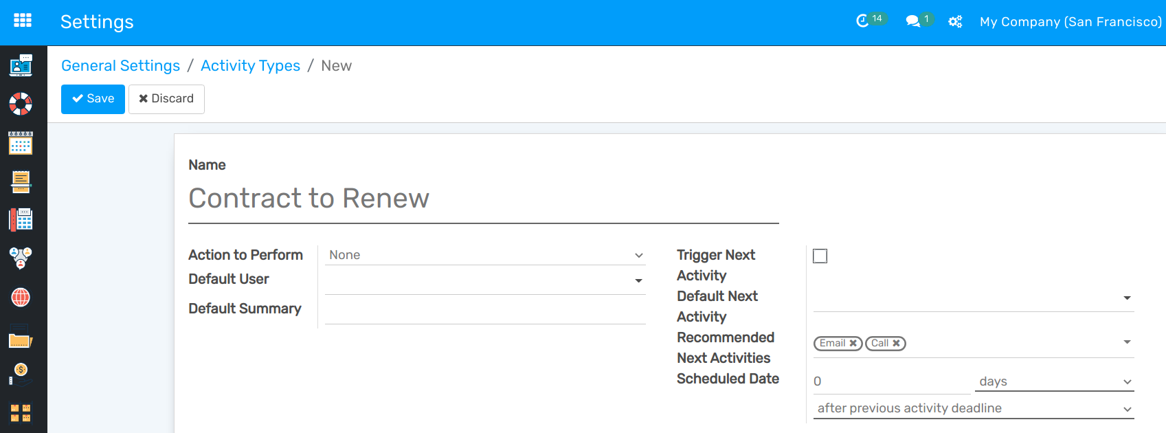 View of an activity type form emphasizing the field recommended next activities for Flectra Discuss