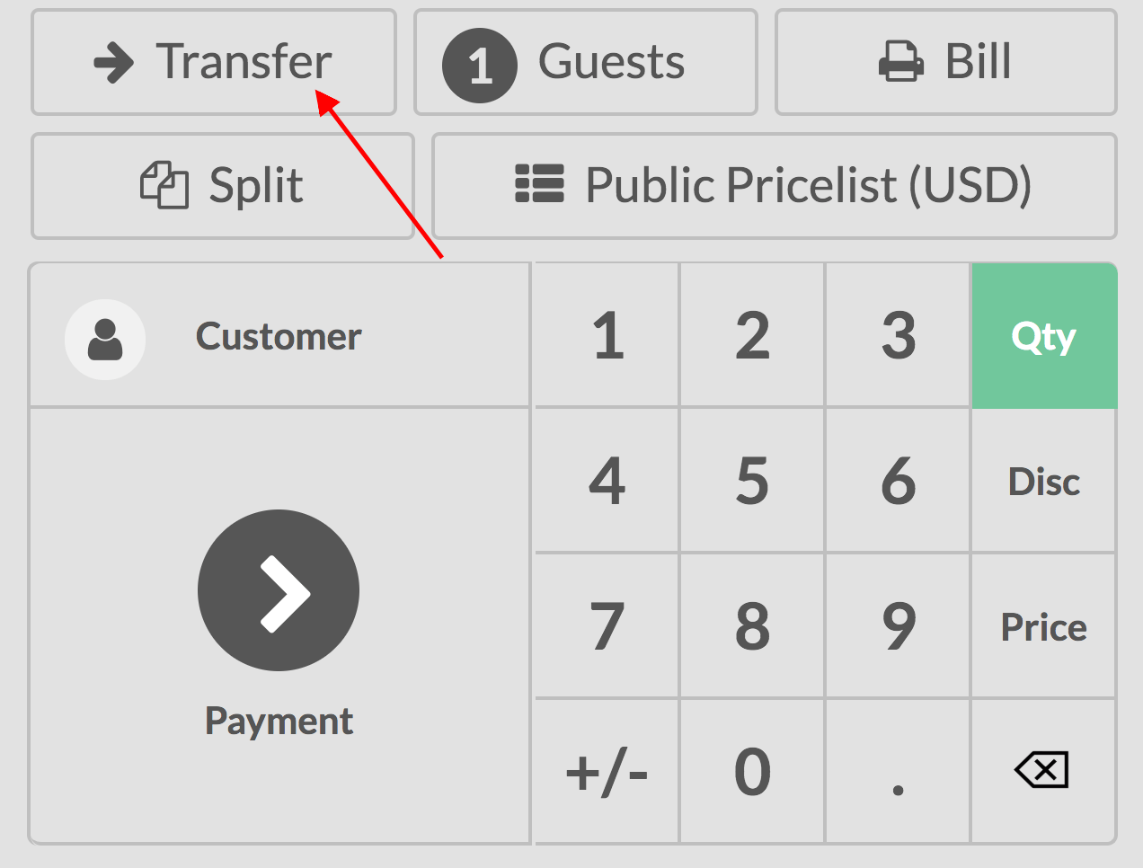 View of the pos interface and transfer button. How to transfer customers from one table to another