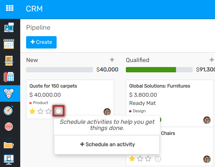 View of crm leads and the option to schedule an activity for Flectra Discuss