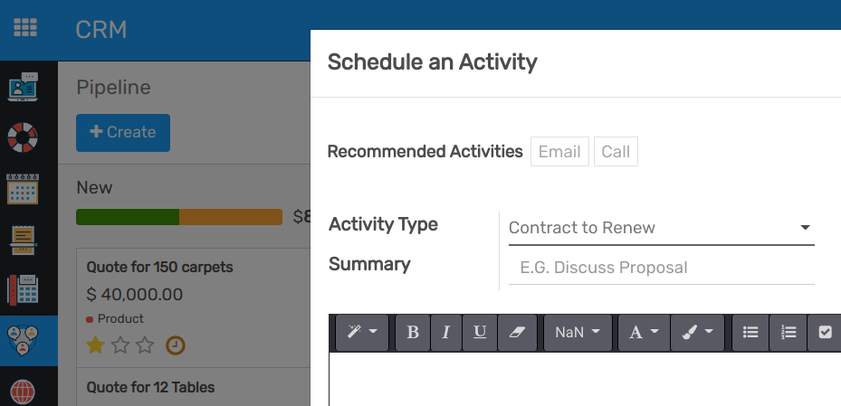 View of an activity being schedule emphasizing the recommended activities field being shown for Flectra Discuss