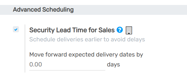 View of the security lead time for sales configuration from the sales settings