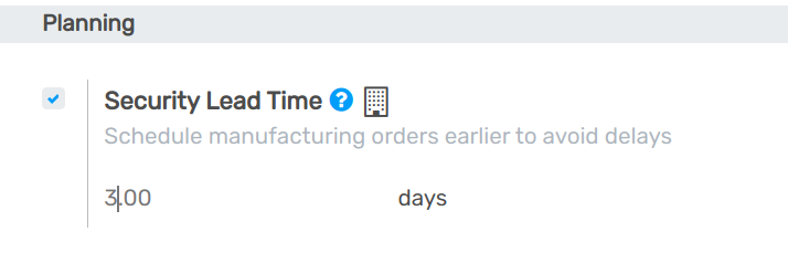 View of the security lead time for manufacturing from the manufacturing app settings