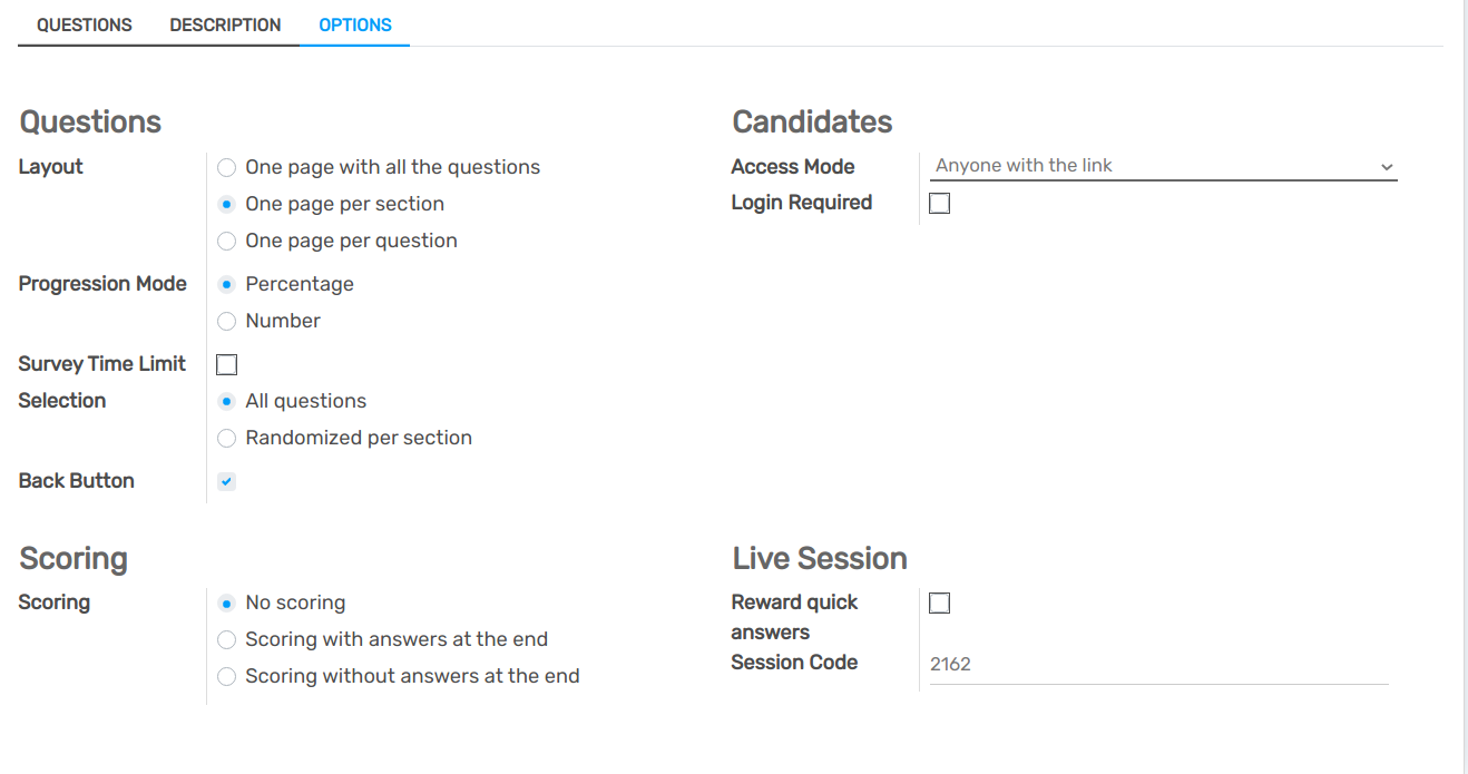 Form view of a survey emphasizing the scoring and candidates section in Flectra Surveys