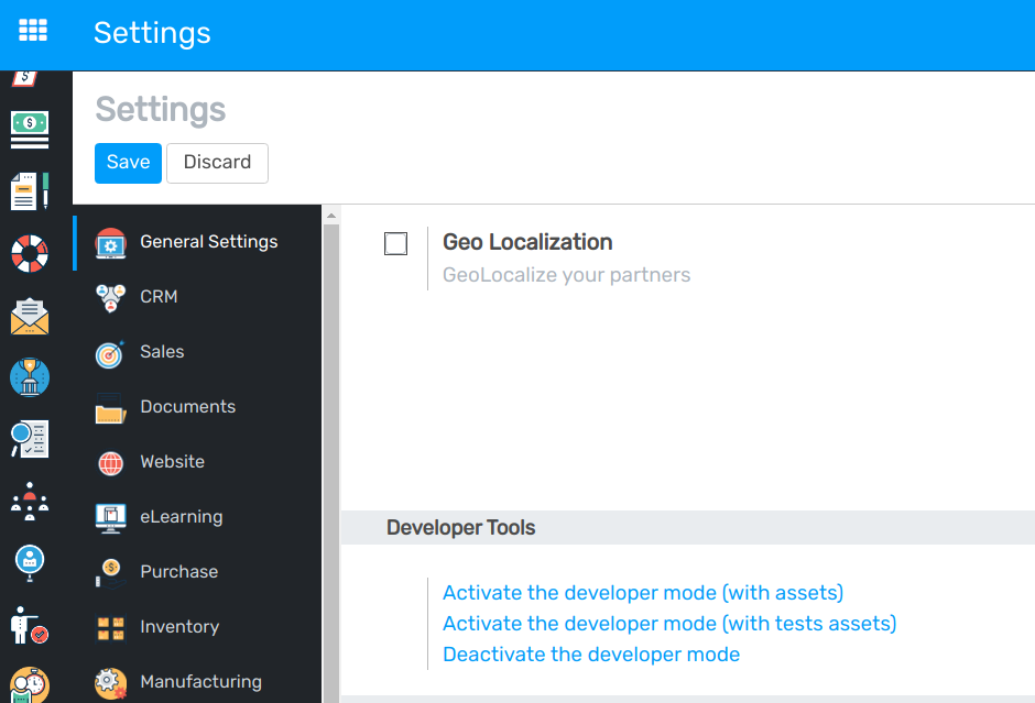 Overview of the debug options under settings in Flectra