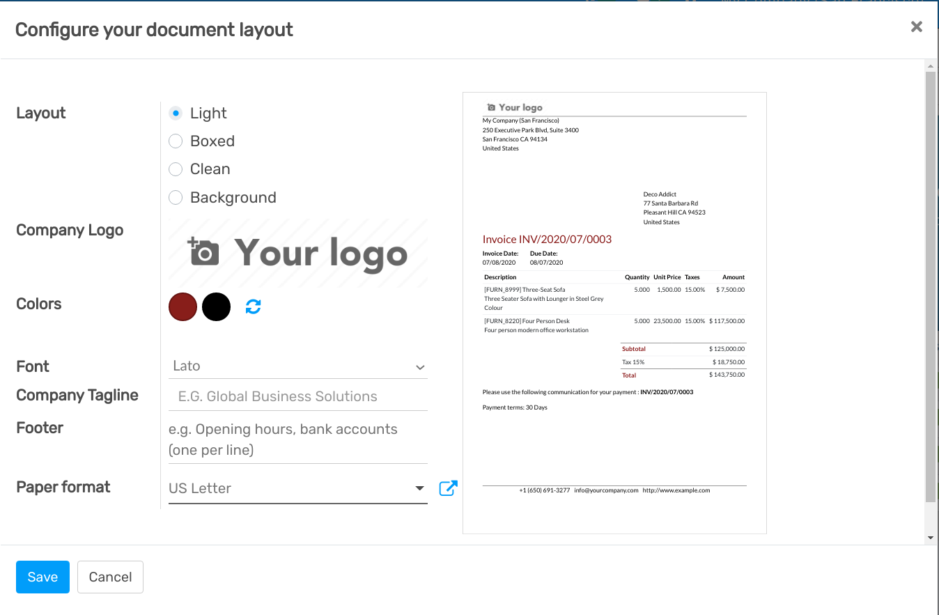Document layout configuration in Flectra Invoicing