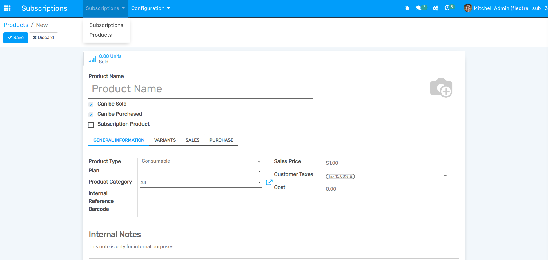 View of a subscription product form in Flectra Subscriptions