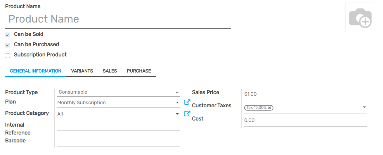 View of a subscription product form in Flectra Subscriptions