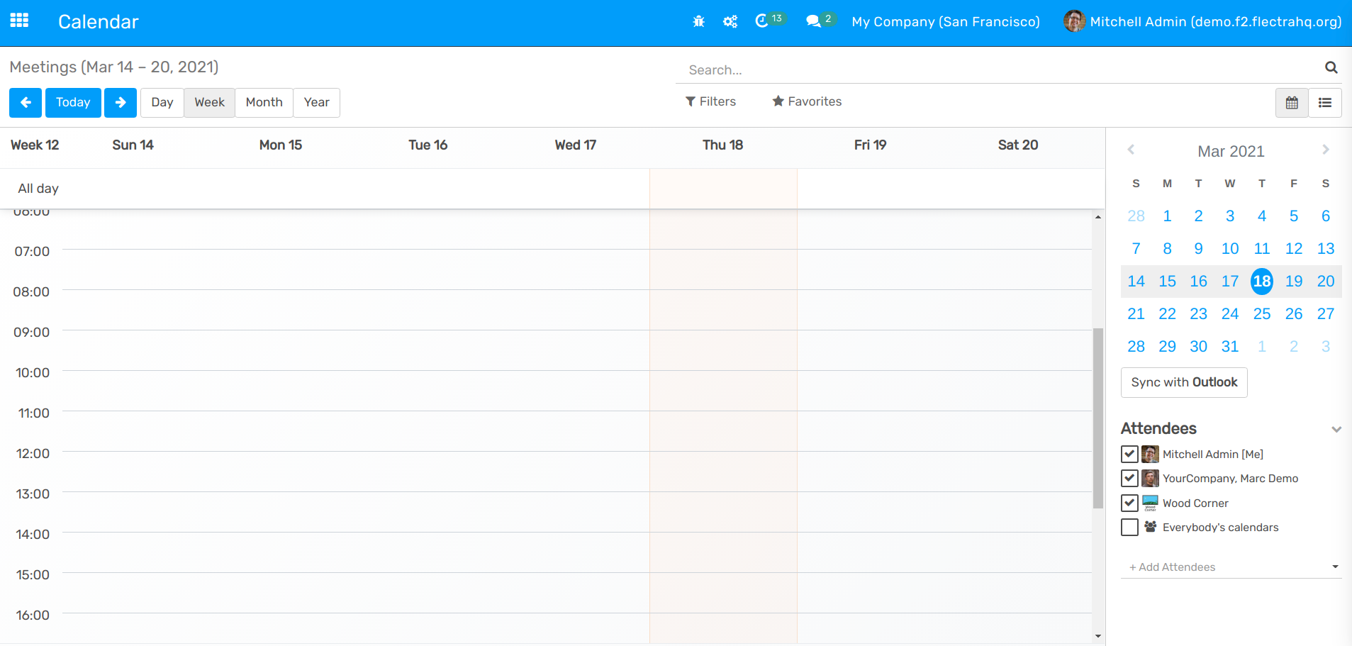 Calendar view and the button Sync with Outlook in Flectra Calendar