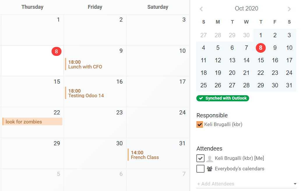 View of Flectra's Calendar synched with Outlook's Calendar