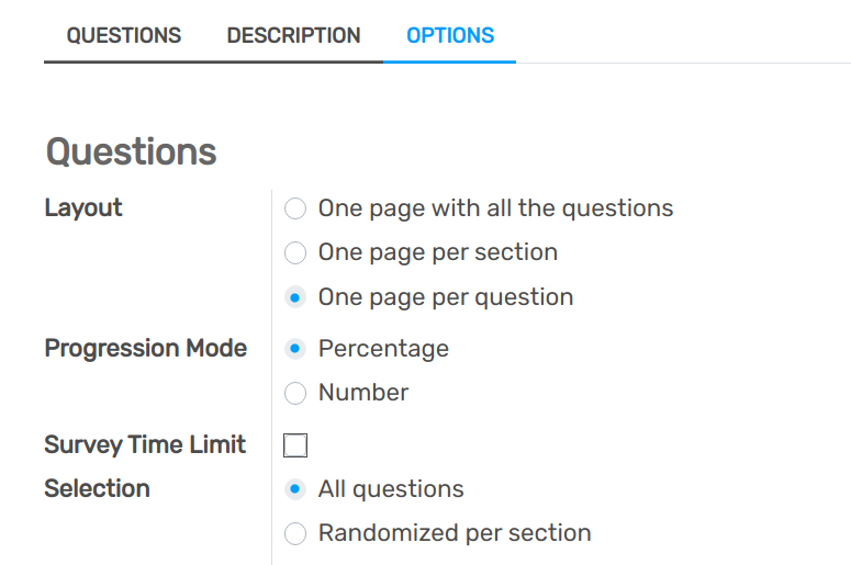 Form view of a survey emphasizing the layout feature under options in Flectra Surveys