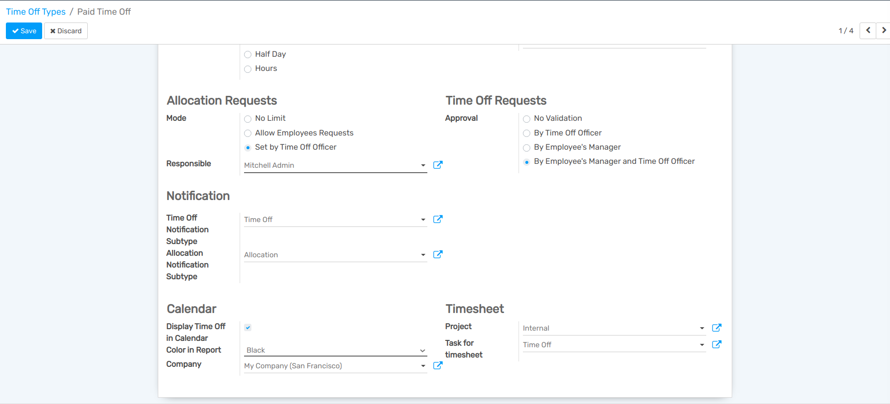 View of a time off types form emphasizing the time off requests and timesheets section in Flectra Time Off