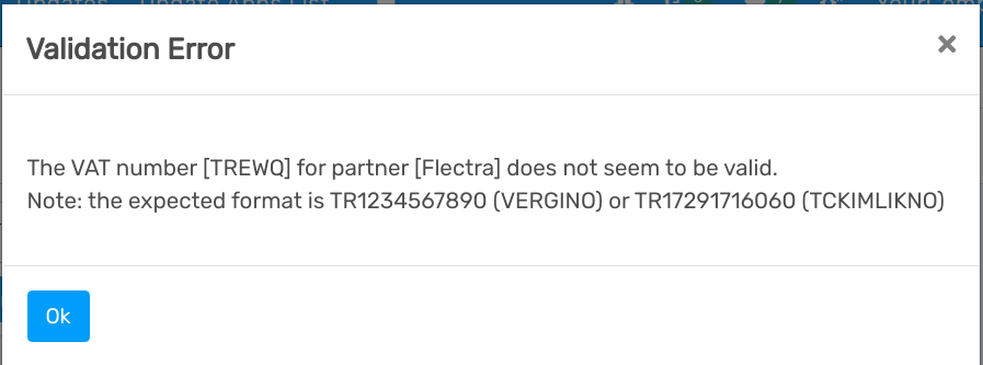 Flectra displays an error message instead of saving when the VAT number is invalid