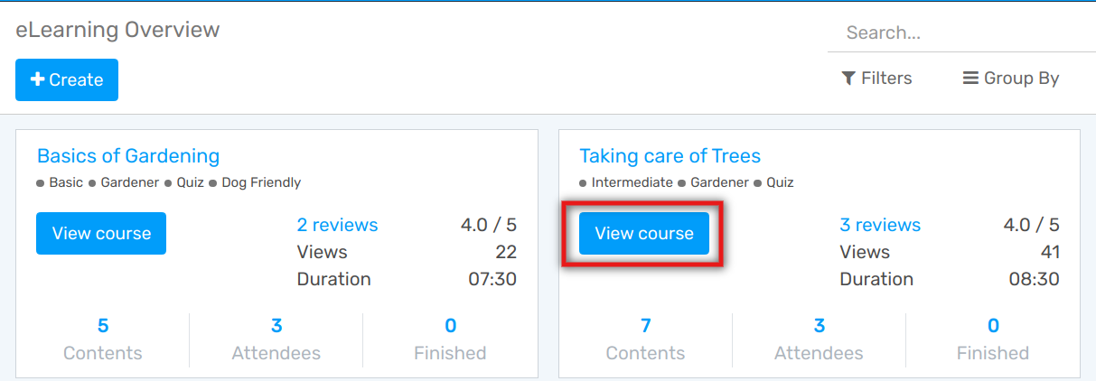 View of the elearning applications dashboard for Flectra Helpdesk