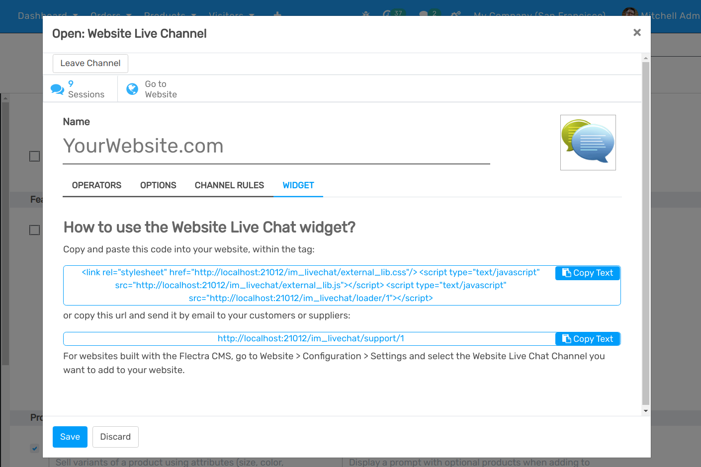 View of the widget tab for Flectra Live Chat