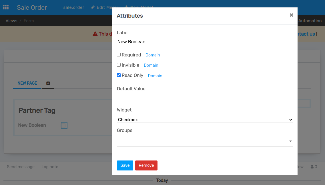 Form view emphasizing the widget property in Flectra Studio