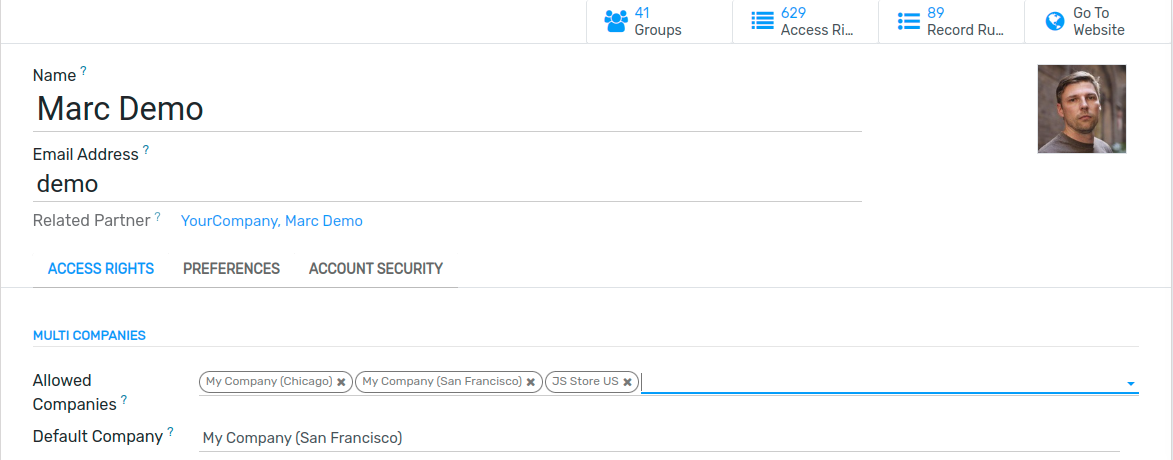 View of an user form emphasizing the multi companies field under the access rights tabs in Flectra